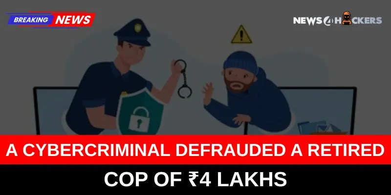 Illustration of a cybercriminal defrauded a retired cop of ₹4 lakhs with two characters communicating through computers—one a policeman and the other a hacker.