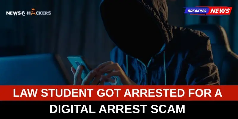 Hooded figure using a smartphone representing a law student arrested for a digital arrest scam