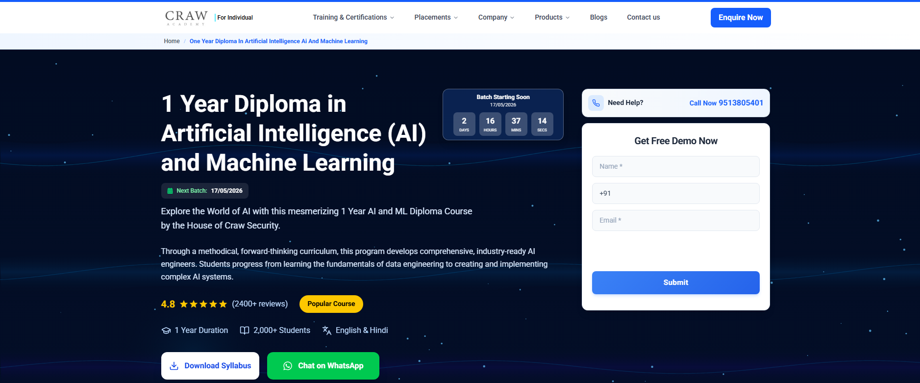 image shows AI & ML Diploma Course