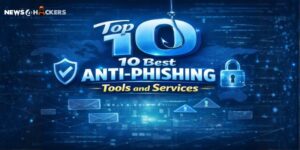 Top 10 Best Anti-Phishing Tools and Services infographic showing cybersecurity protection, phishing detection, email security, and data protection concepts