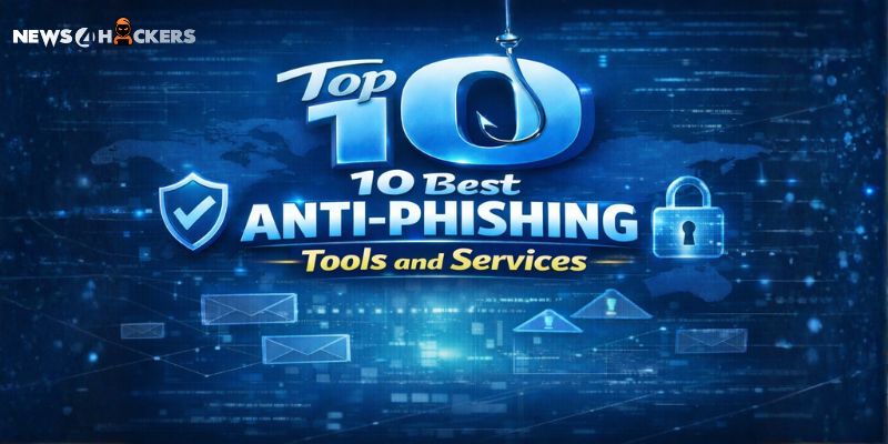 Top 10 Best Anti-Phishing Tools and Services infographic showing cybersecurity protection, phishing detection, email security, and data protection concepts