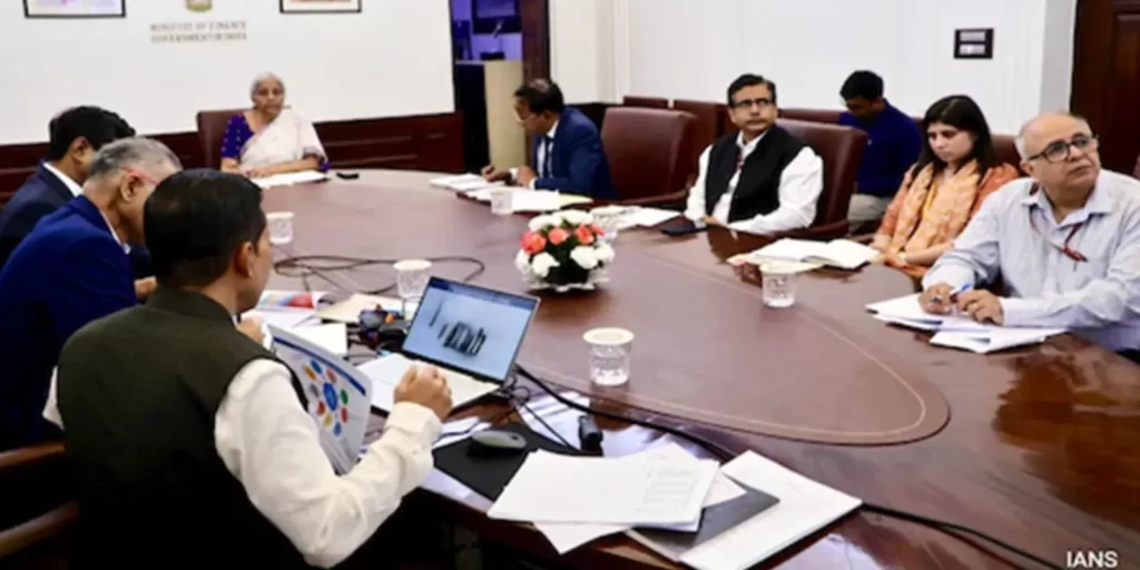 Finance Minister Nirmala Sitharaman in a meeting with managing directors and chief executives of banks and insurance companies to discuss cybersecurity preparedness. (Image Source: IANS)