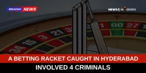 News headline image about a betting racket caught in Hyderabad involving four criminals, with a roulette wheel in the background.
