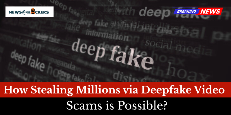Text overlay on a blurred background reading "deep fake," with bold red banner stating "How Stealing Millions via Deepfake Video Scams is Possible?" and news logos in the top corners.