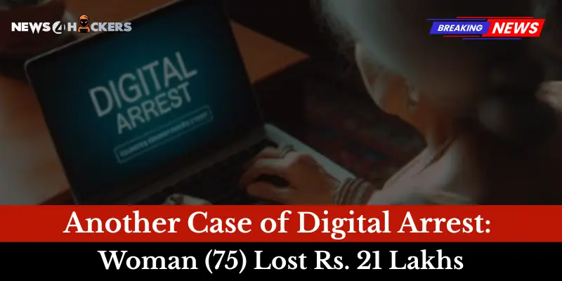 Elderly woman facing digital arrest scam on laptop screen with headline stating she lost Rs. 21 lakhs