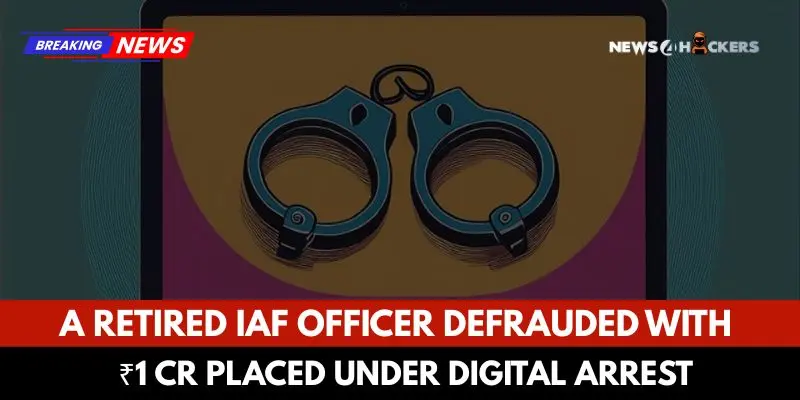 Illustration of handcuffs on a digital screen representing cybercrime against a retired IAF officer defrauded of ₹1 crore and placed under digital arrest