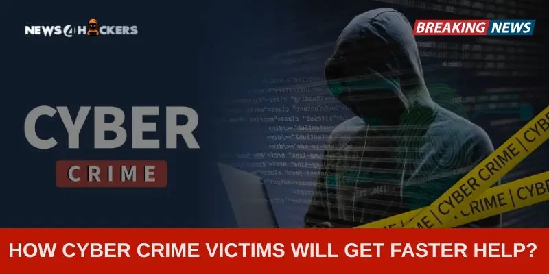 Hooded figure representing a cybercriminal with binary code and cyber crime tape, highlighting news about faster help for cyber crime victims