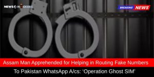 Handcuffs in front of a jail background with breaking news about an Assam man arrested for linking fake SIMs to Pakistan WhatsApp accounts