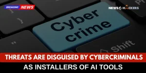 Keyboard with "cybercriminals" key and headline about cybercriminals disguising threats as AI tool installers