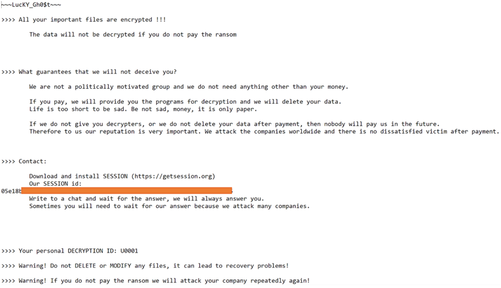 Image Shows Lucky_Gh0$t encryption function for files larger than 1.2GB. 