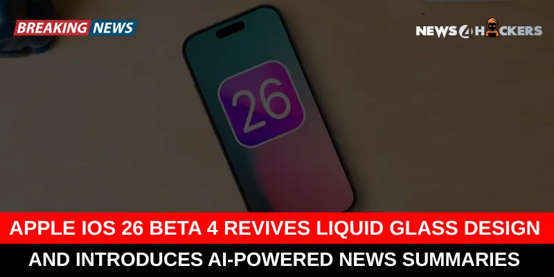 iPhone screen showing iOS 26 logo with news headline about liquid glass design and AI-powered news summaries