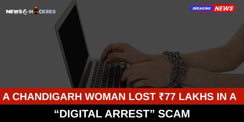 A woman's hands chained while using a laptop, representing a “Digital Arrest” scam case where a Chandigarh woman lost ₹77 lakhs.