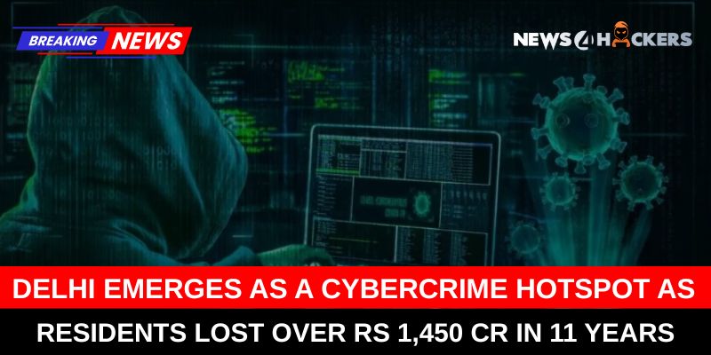 A hacker in a hoodie with digital data and security threats on the screen, highlighting cybercrime in Delhi.