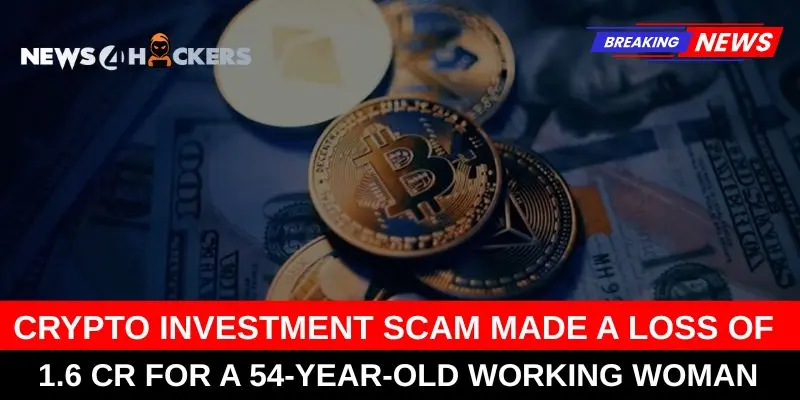 Image showing Bitcoin coins and currency notes highlighting a news report about a crypto investment scam leading to a ₹1.6 crore loss for a 54-year-old working woman.