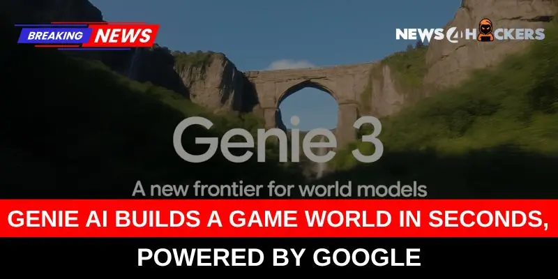 Breaking news banner announcing Genie 3 AI by Google, capable of instantly creating immersive game worlds, set against a fantasy landscape featuring a stone bridge between lush green cliffs.
