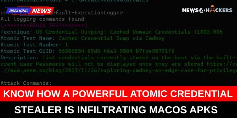 An image showing a command-line interface with details of an atomic credential stealer targeting macOS APKs.