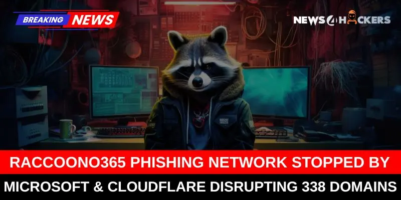 Illustration of a raccoon hacker in a dark cyber lab with monitors, representing the RaccoonO365 phishing network disrupted by Microsoft and Cloudflare.