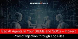 Conceptual illustration of AI agents in cybersecurity operations showing risks of indirect prompt injection through log files.