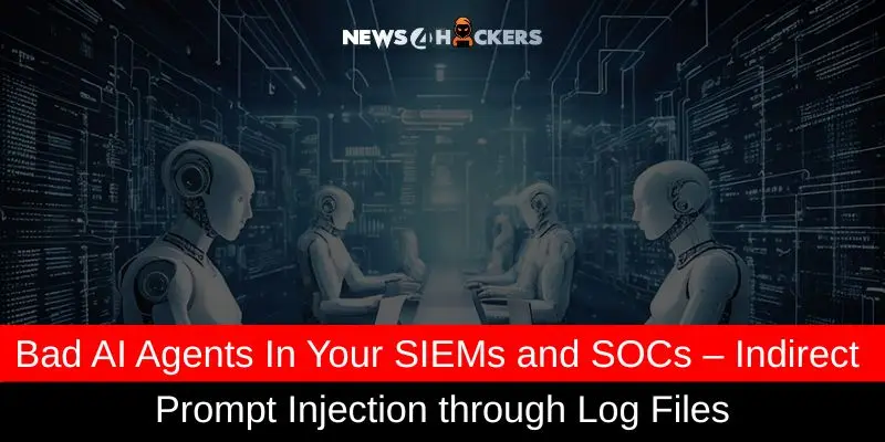 Conceptual illustration of AI agents in cybersecurity operations showing risks of indirect prompt injection through log files.
