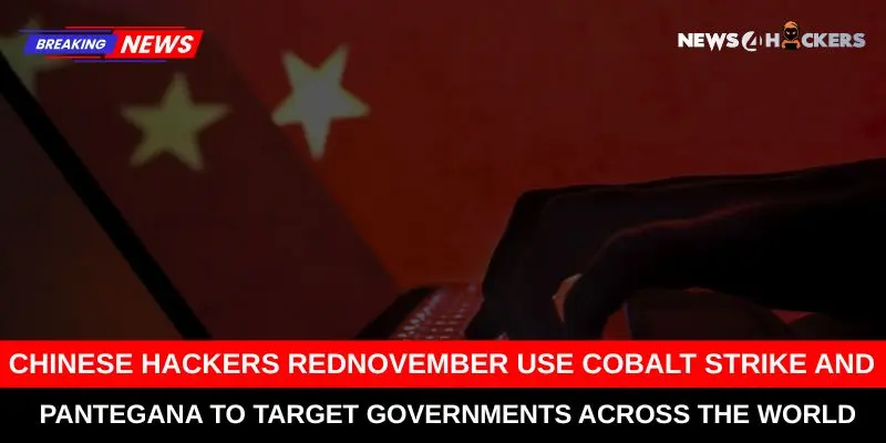 A cybercriminal operating under the RedNovember group using a keyboard with the Chinese flag in the background, representing the use of Cobalt Strike and Pantegana to target governments worldwide.