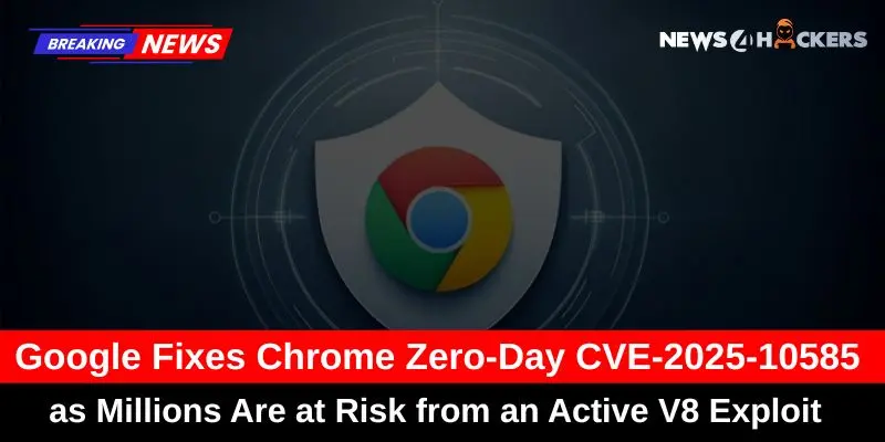 Google Chrome logo with a red alert banner highlighting the fix for Chrome Zero-Day CVE-2025-10585 related to an active V8 exploit.