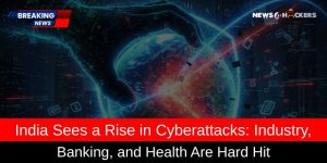 A hand reaches out over a digital world map, with data and symbols floating around, symbolizing the rise in cyberattacks in India affecting critical sectors like banking, health, and industry.
