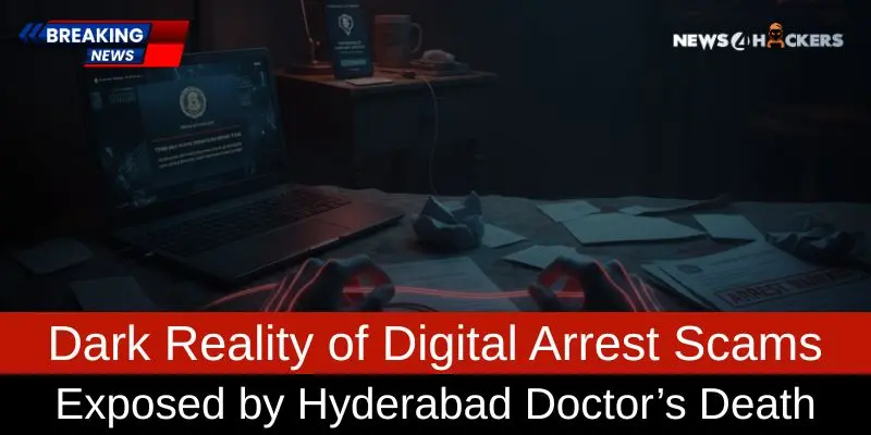 Image depicting the alarming rise of digital arrest scams, with a focus on a breaking news story involving a Hyderabad doctor's death.