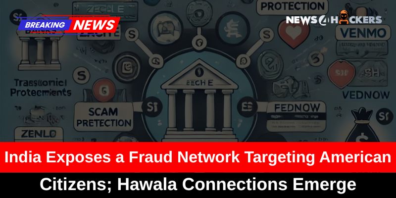 News graphic showing the exposure of a fraud network targeting American citizens, with references to financial scams, Hawala operations, and digital payment systems like FedNow and Venmo