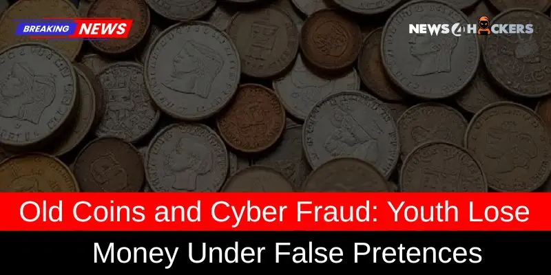 Scattered old coins with news headline reporting cyber fraud involving fake old coin deals targeting youth.