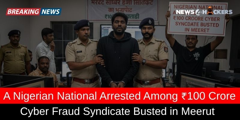 Nigerian national arrested by Indian police as part of a ₹100 crore cyber fraud syndicate busted in Meerut.