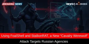 Illustration showing a werewolf-themed hacker group using FoalShell and StallionRAT malware to attack Russian agencies in a dark cyber warfare scene.