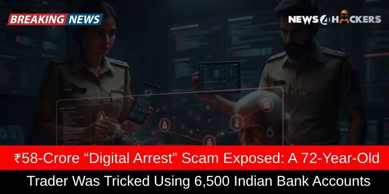 Image showing a news headline about a ₹58-crore "Digital Arrest" scam, where a 72-year-old trader was tricked using 6,500 Indian bank accounts, with police officers and digital data displayed.