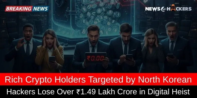 Shocked businesspeople react to massive cryptocurrency theft displayed on their devices, with a warning of North Korean hackers in the background.