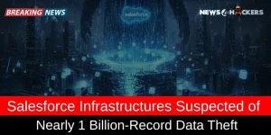 Cybersecurity concept showing Salesforce cloud infrastructure under digital attack, symbolizing a suspected data breach of nearly one billion records.