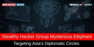 Image showcasing a news headline about the hacker group Mysterious Elephant targeting Asia's diplomatic circles, with an elephant logo and hacking data displayed.