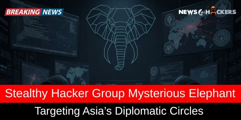 Image showcasing a news headline about the hacker group Mysterious Elephant targeting Asia's diplomatic circles, with an elephant logo and hacking data displayed.