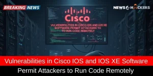 Image showing a news headline about vulnerabilities in Cisco IOS and IOS XE software, allowing attackers to run code remotely, with a Cisco logo and cybersecurity data displayed.