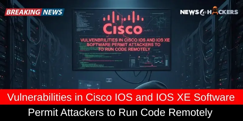 Image showing a news headline about vulnerabilities in Cisco IOS and IOS XE software, allowing attackers to run code remotely, with a Cisco logo and cybersecurity data displayed.