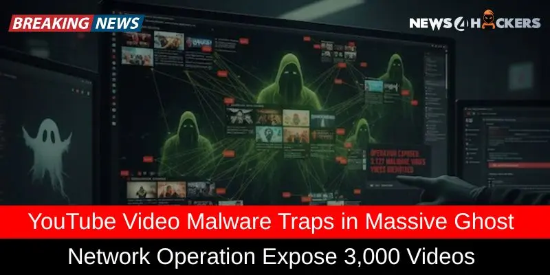 Hackers operating a YouTube malware network with ghost-like figures connected to multiple infected videos on computer screens