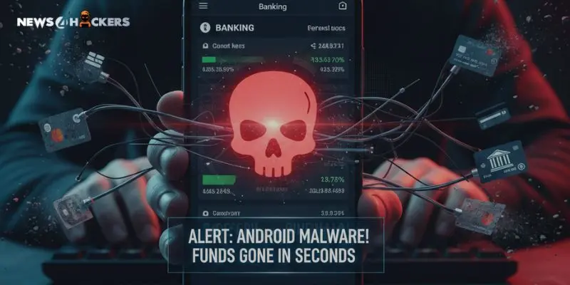 A smartphone showing a red skull symbol on a banking app, surrounded by digital wires and hacker elements, representing Android malware stealing banking funds.