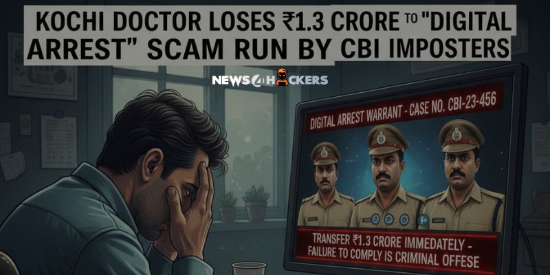 Kochi doctor loses ₹1.3 crore in digital arrest scam by fake CBI officers, showing a man distressed in front of computer with fake arrest warrant
