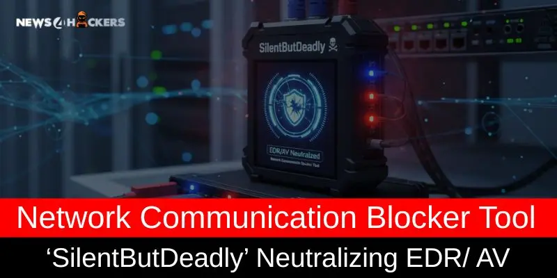 A small black electronic device labeled “SilentButDeadly” displayed in a server room environment, showing a digital shield icon on its screen.