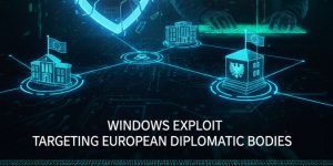 Cyber attack illustration showing hacker exploiting Windows vulnerability to target European diplomatic organizations.