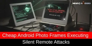 A pair of compromised Android photo frames displaying hacking screens with messages like “Silent Attack Progress” and “Data Exfiltration,” indicating remote cyberattacks.