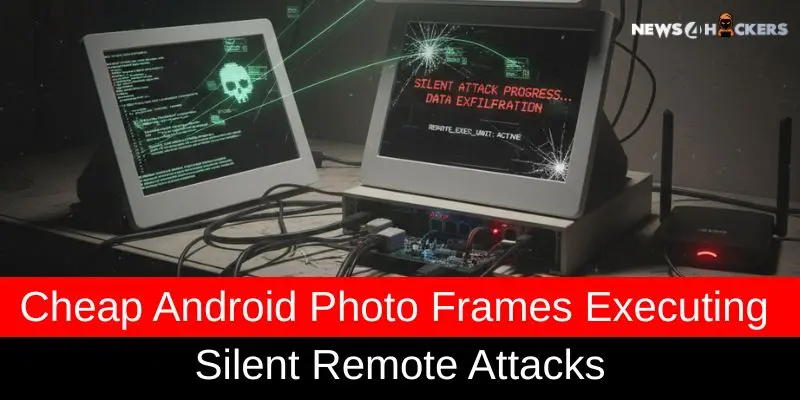 A pair of compromised Android photo frames displaying hacking screens with messages like “Silent Attack Progress” and “Data Exfiltration,” indicating remote cyberattacks.