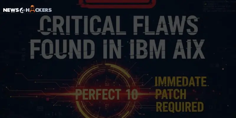 Warning graphic highlighting critical flaws found in IBM AIX, showing a “Perfect 10” severity and urgent patch requirement message.