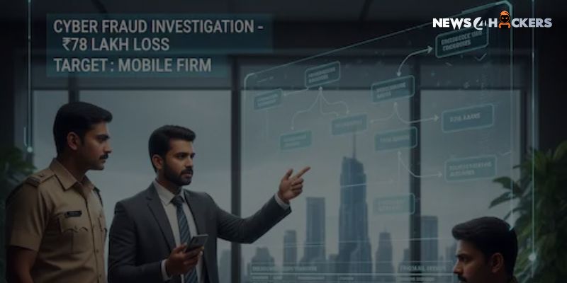 Cybercrime officers and investigators analyzing a ₹78 lakh mobile firm fraud case using a digital investigation dashboard