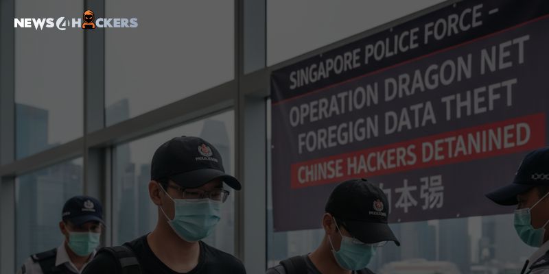 Singapore Police officers escort detained hackers during Operation Dragon Net against foreign data theft, with a banner announcing “Chinese Hackers Detained.