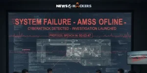 Cybersecurity control room alert showing “System Failure - AMSS Offline” message after a detected cyberattack, with countdown to protocol breach.